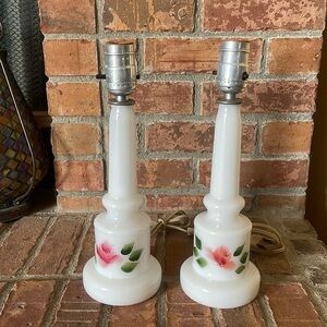 Vtg Milk Glass Hand Painted Floral Lamps Set of 2